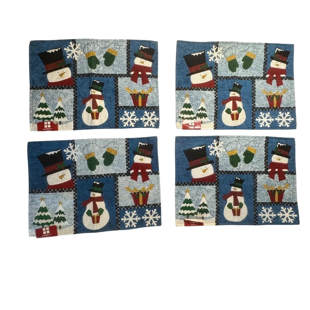 NEW Essential‎ Home Winter Snowman Holiday Placemats Set Of 4 Blue White Cottage